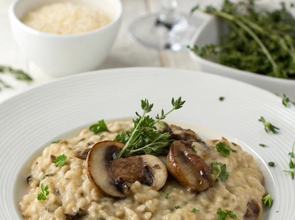 Risoto de cogumelos cremoso servido em um prato branco, decorado com ervas frescas, em um ambiente de jantar sofisticado com iluminação suave e louças elegantes.