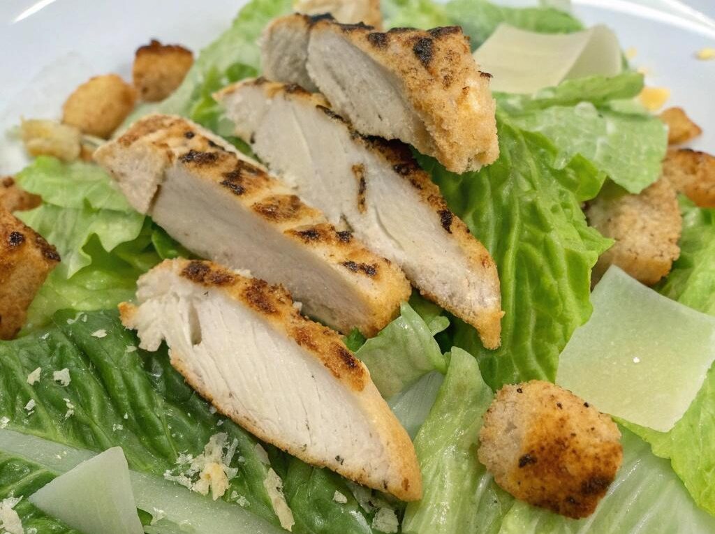 Salada Caesar com frango grelhado, alface romana crocante, croutons dourados e parmesão ralado, dispostos em um prato branco