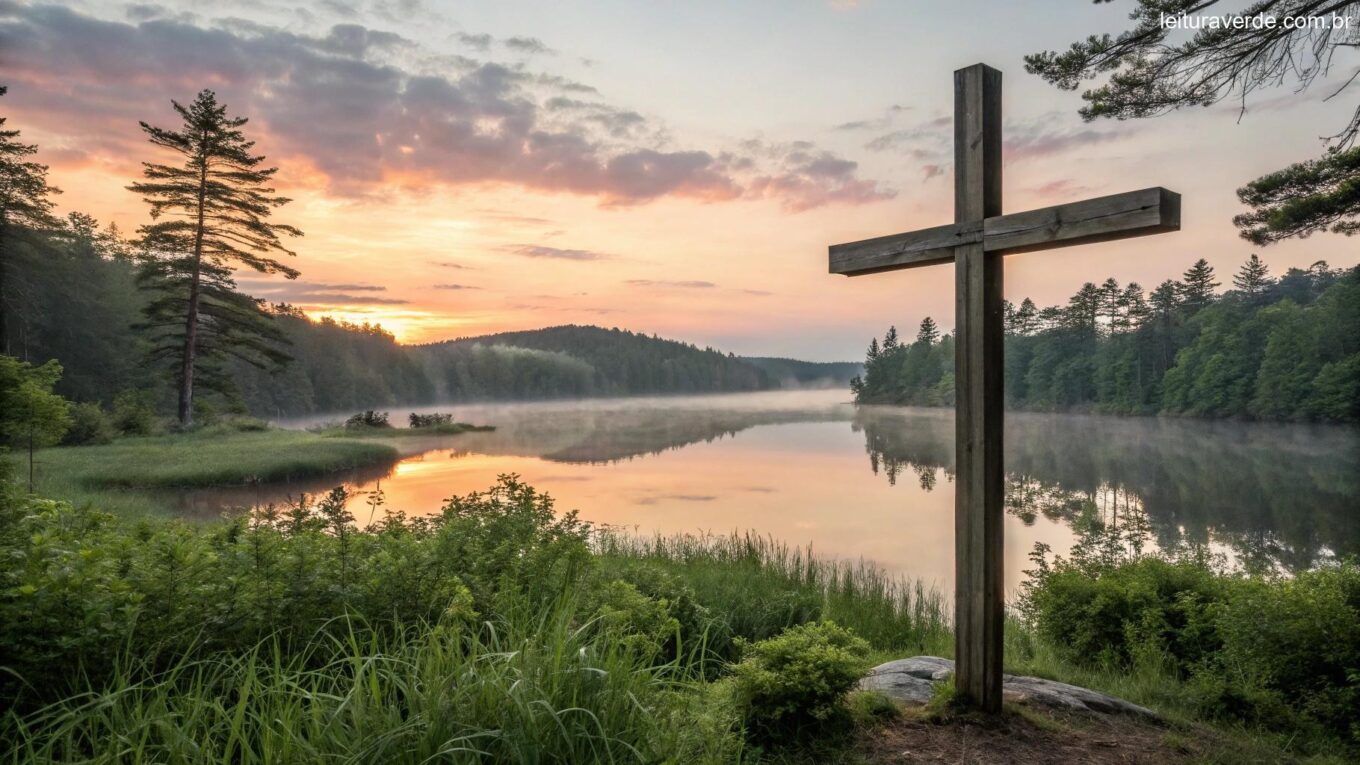 Um nascer do sol sereno sobre um lago calmo com uma cruz em primeiro plano, cercado por natureza, evocando reflexão e inspiração