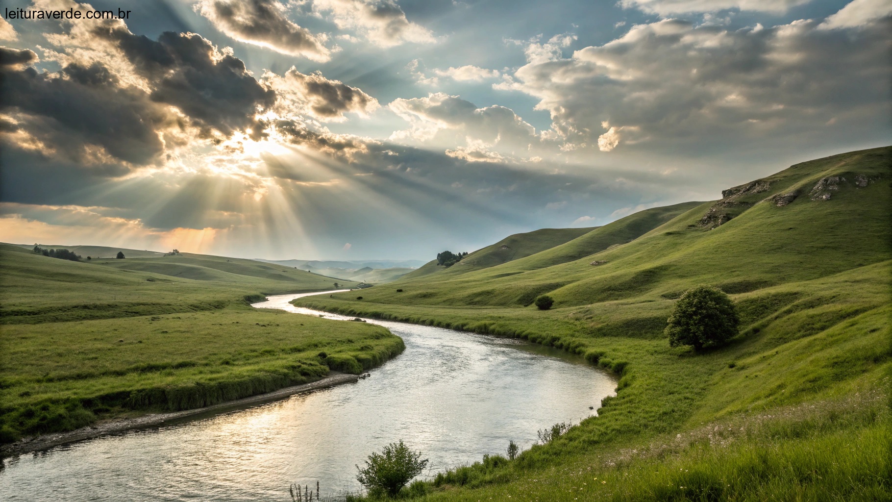 Uma paisagem tranquila com um rio fluindo, colinas verdes e um céu radiante, evocando uma sensação de inspiração divina