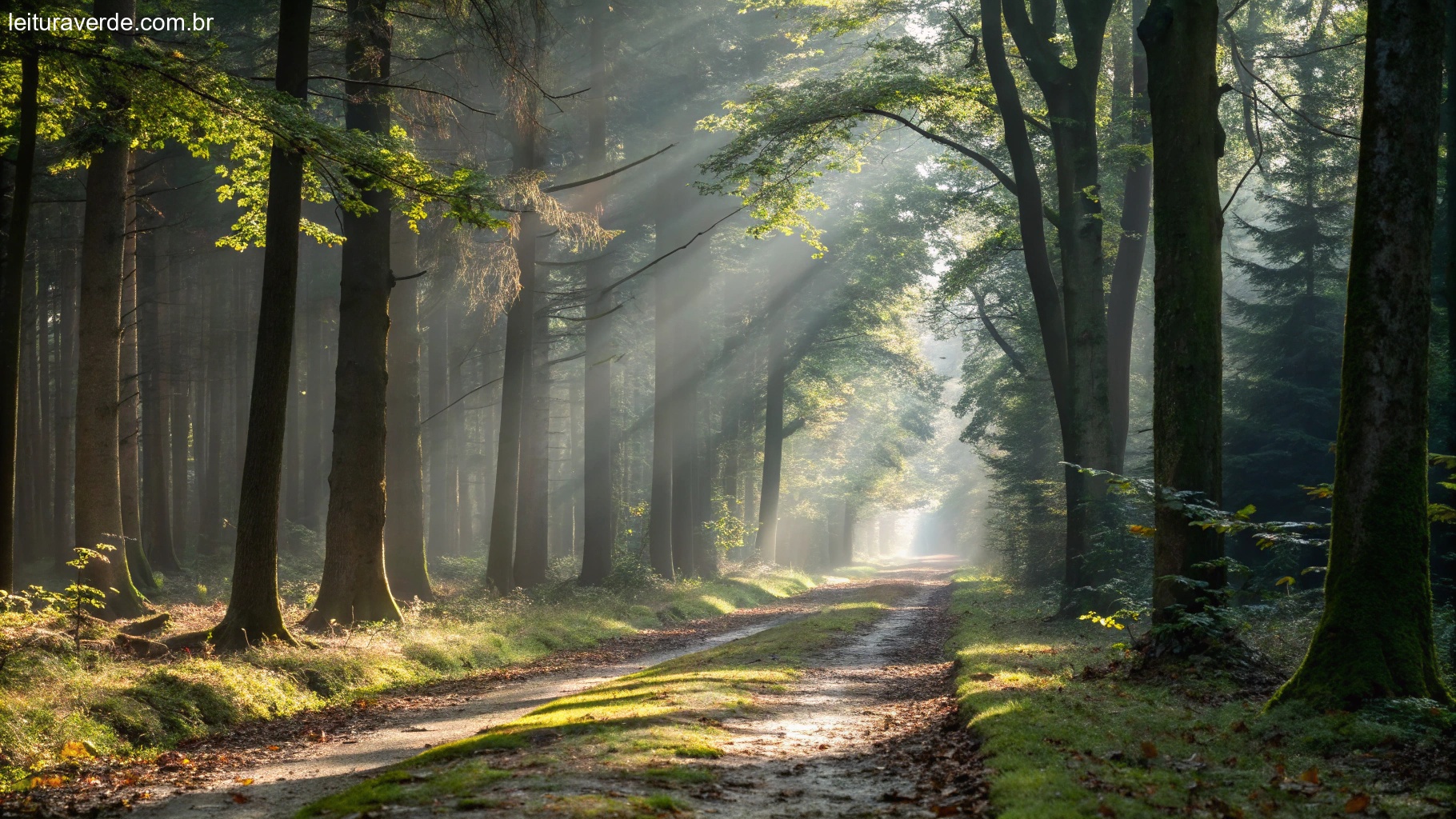 Um caminho tranquilo na floresta com árvores altas e raios de sol filtrando pelas folhas, criando uma atmosfera serena e meditativa