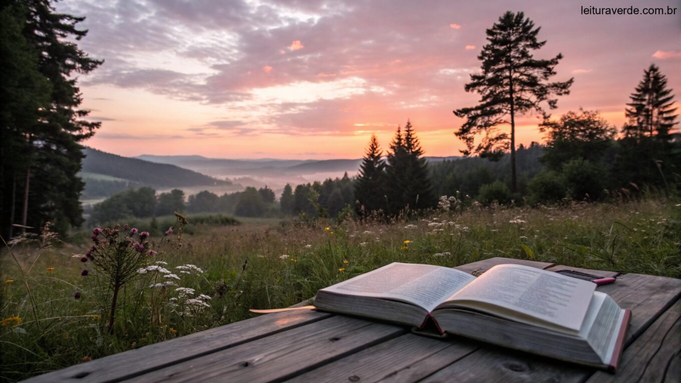 Paisagem serena ao nascer do sol com um livro aberto em uma mesa de madeira, cercado por natureza, simbolizando reflexão e inspiração