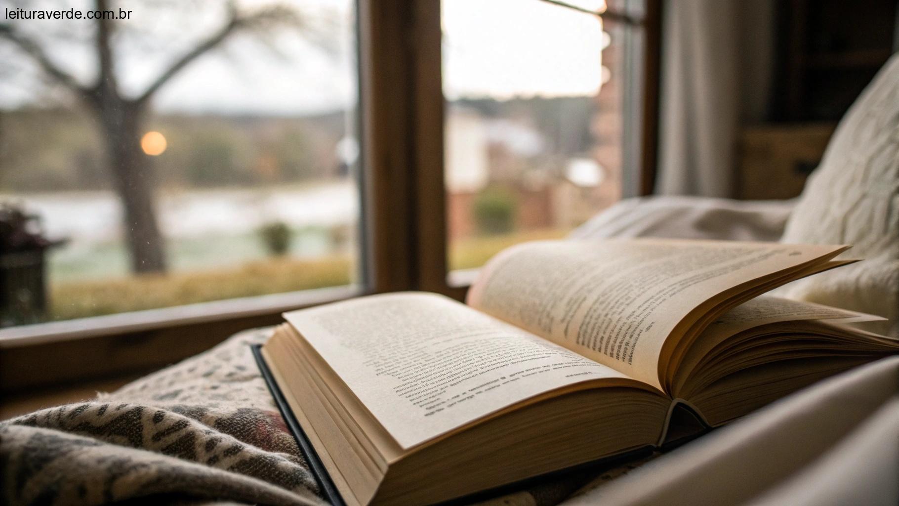 Close-up de um livro aberto com uma luz suave iluminando suas páginas, cercado por um fundo desfocado de um ambiente aconchegante