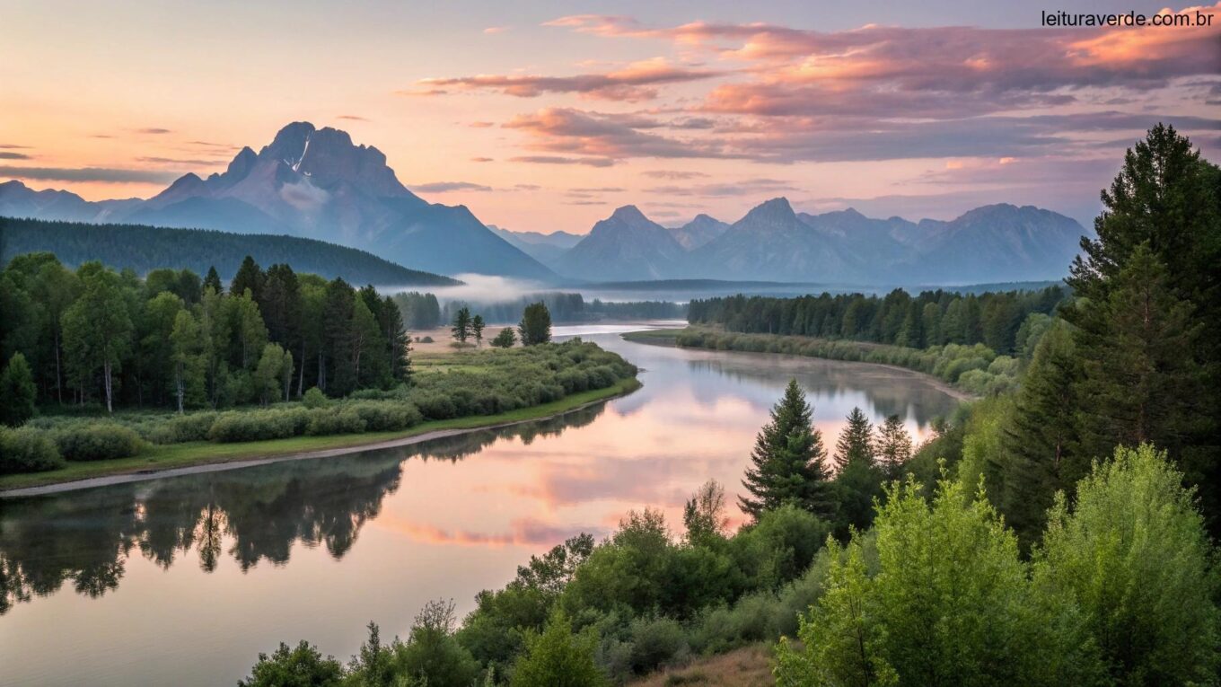 Paisagem serena ao nascer do sol com um rio calmo refletindo as cores suaves do céu, cercado por árvores verdes e montanhas distantes