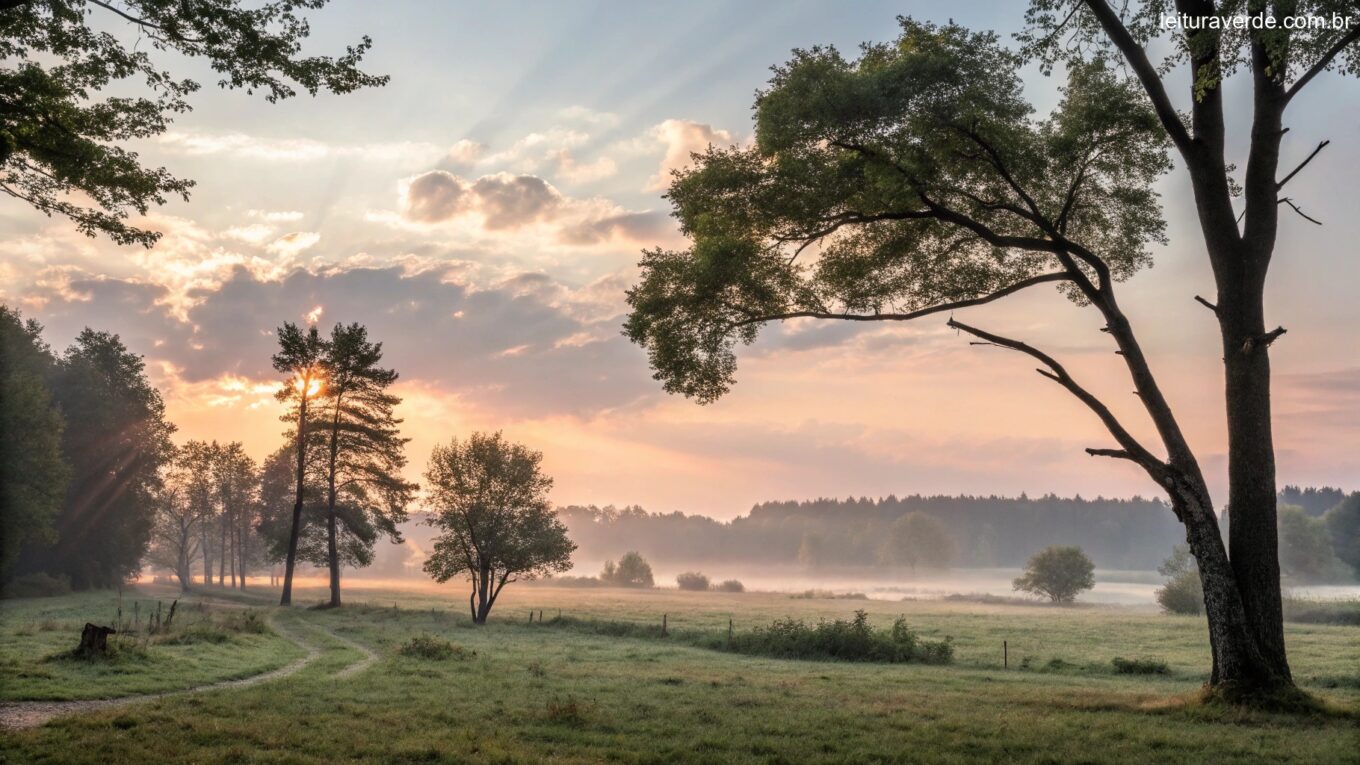 Paisagem serena ao amanhecer com luz suave do sol filtrando pelas árvores, simbolizando reflexão e inspiração para o dia