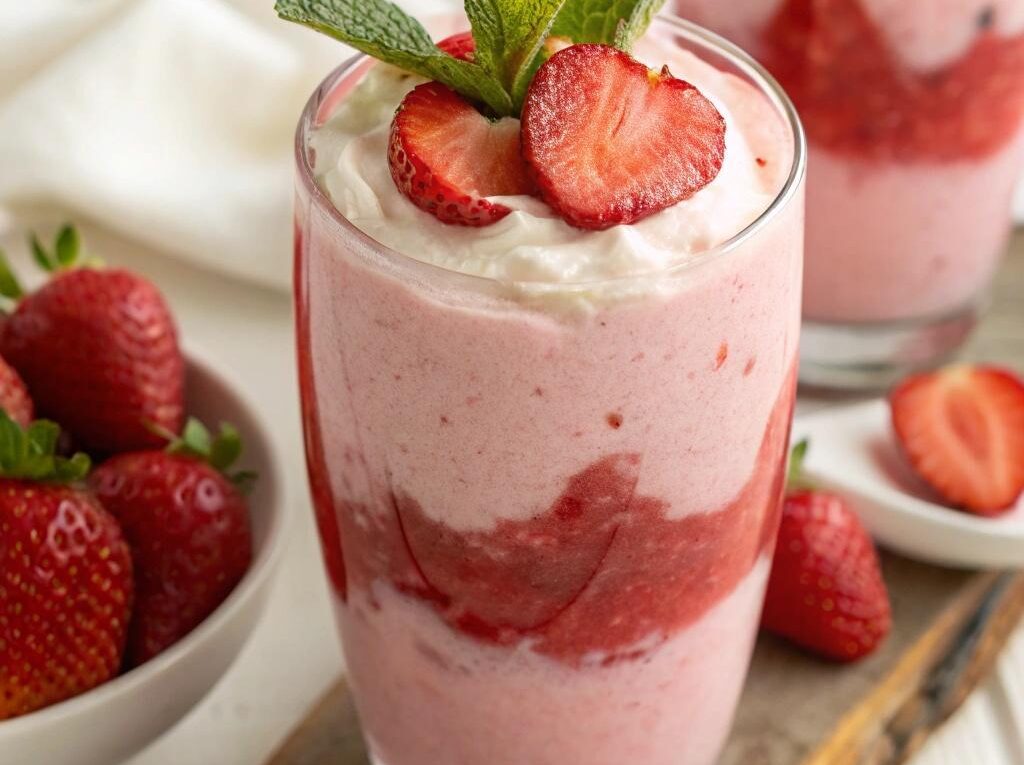 Copo de smoothie de morango com iogurte, morangos frescos e folha de hortelã