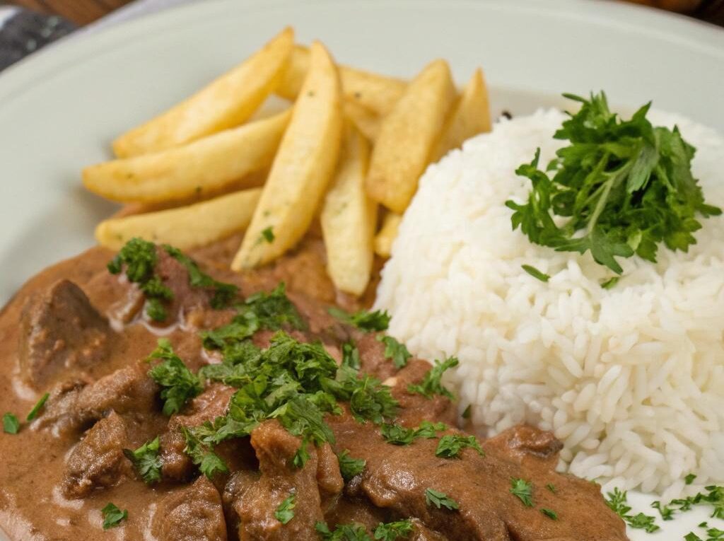 Strogonoff de carne tradicional servido em um prato branco, decorado com salsa, acompanhado de arroz branco e batata palha