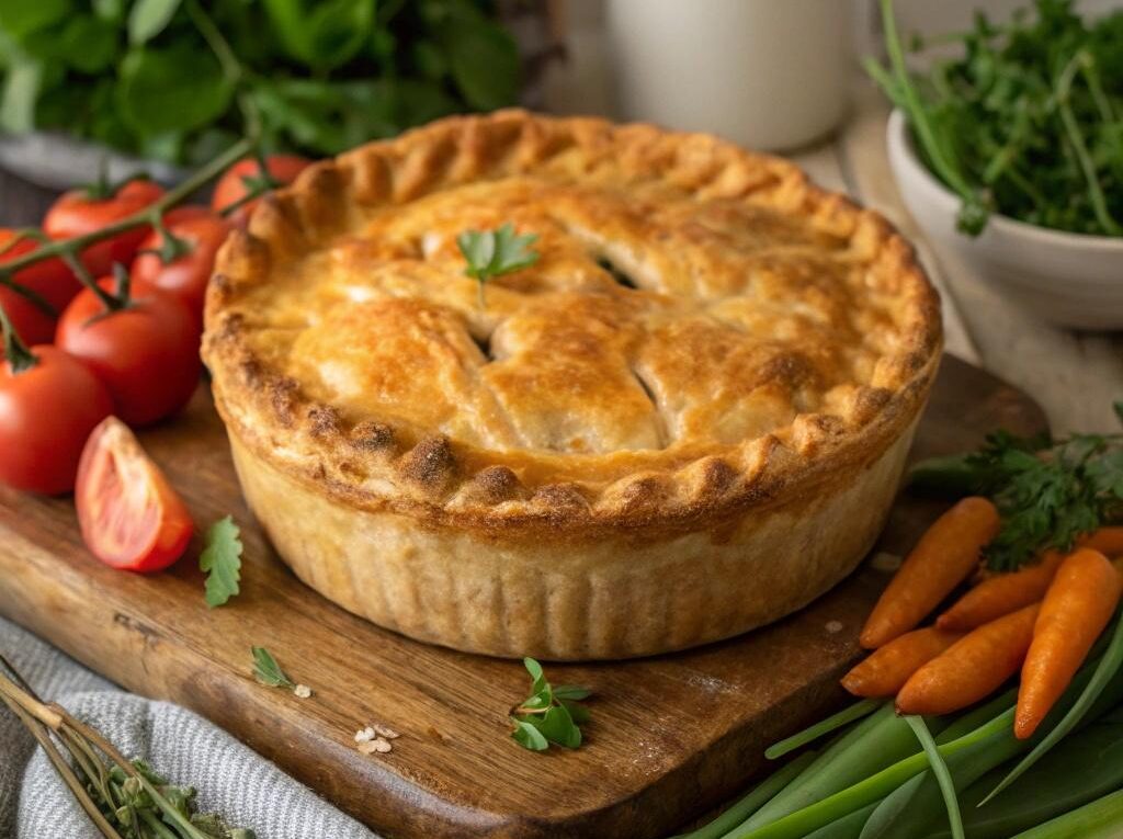 Torta de frango com massa podre dourada, servida em uma mesa rústica de madeira, cercada por ervas frescas e legumes