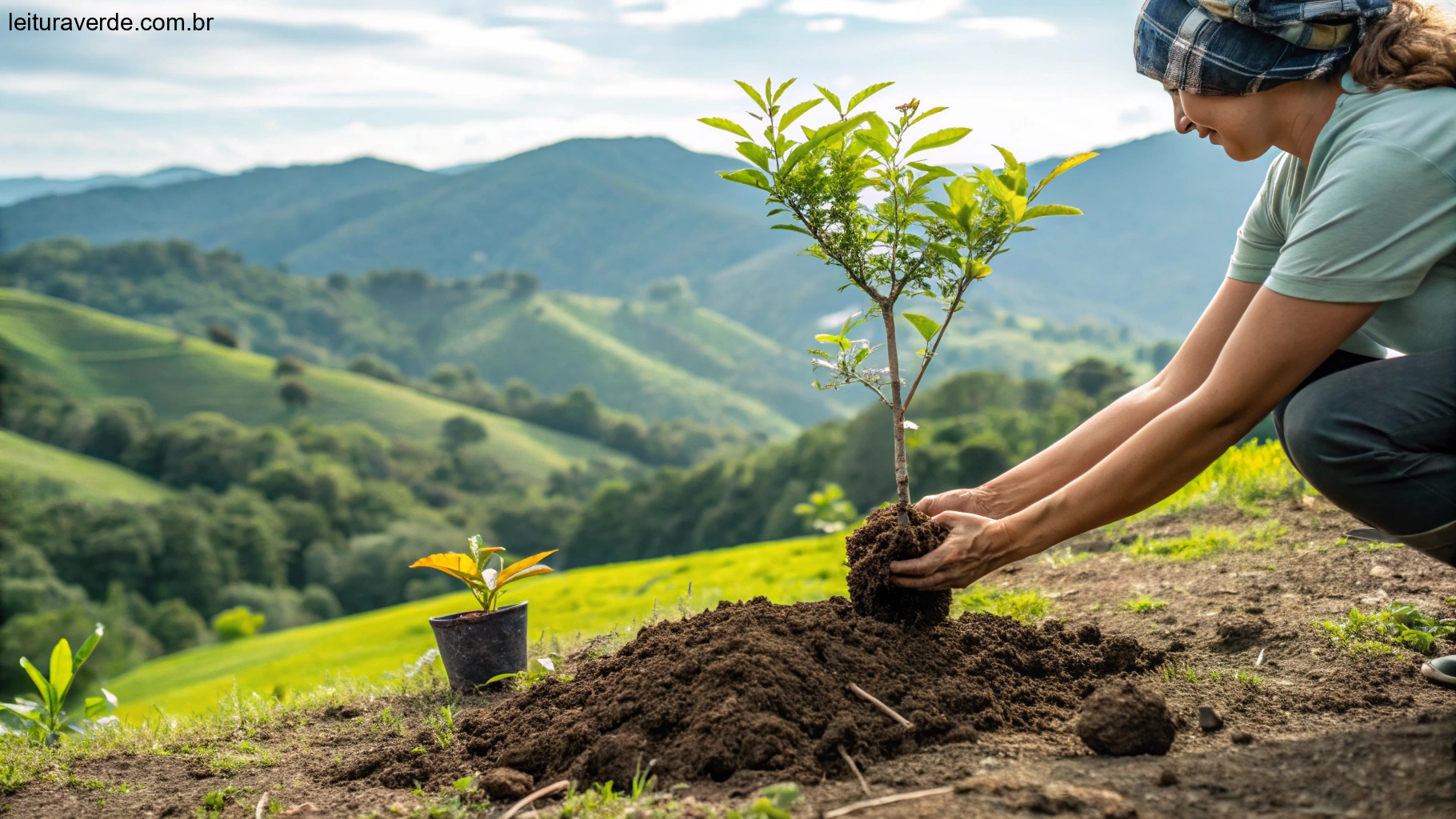 Uma pessoa plantando uma pequena árvore em solo fértil, com uma paisagem vibrante ao fundo, representando crescimento e transformação de sonhos em realidade