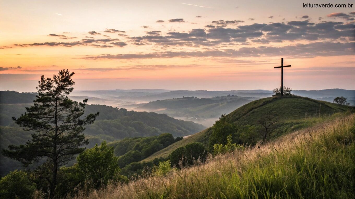 Paisagem serena ao nascer do sol com uma silhueta de cruz em uma colina, cercada por luz suave e natureza, evocando inspiração e reflexão