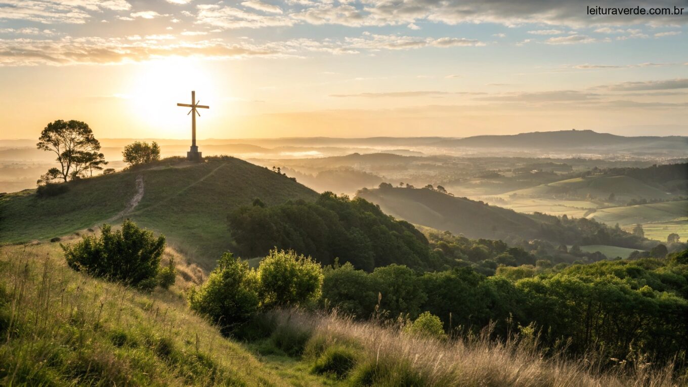 Paisagem serena ao nascer do sol com uma cruz em uma colina, cercada por luz suave e natureza, evocando inspiração e fé