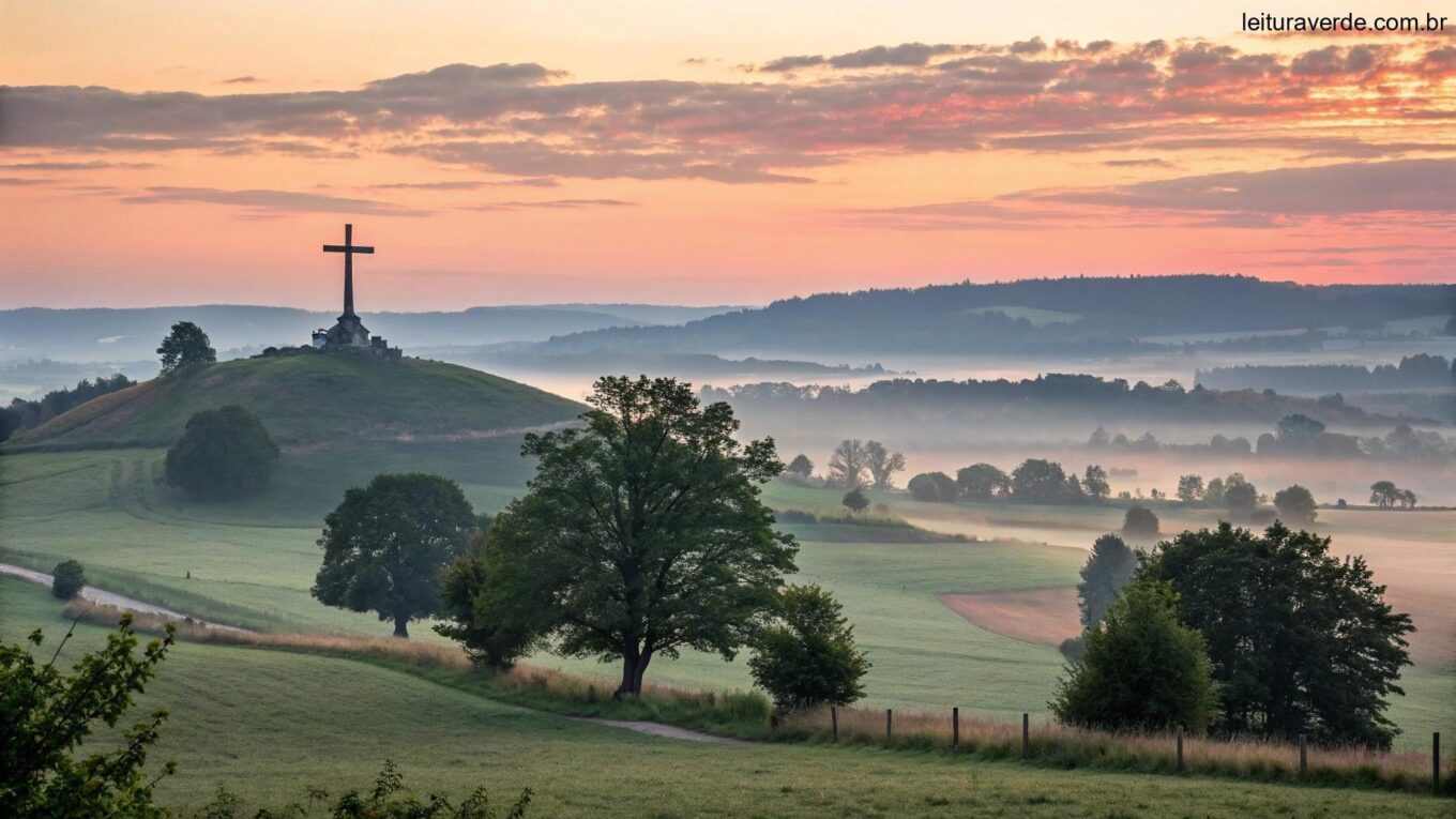 Paisagem serena ao nascer do sol com uma cruz em uma colina, envolta por luz suave e natureza, evocando inspiração e fé