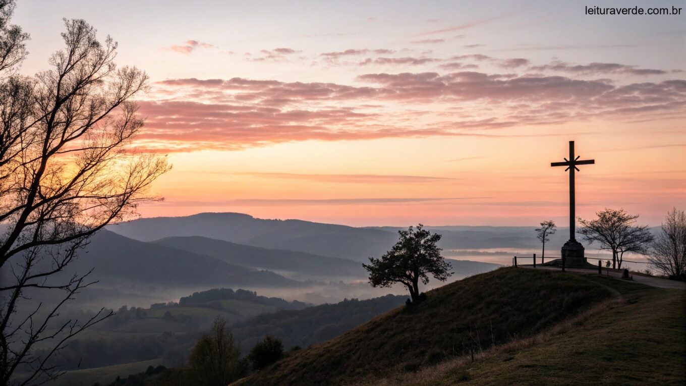 Paisagem serena ao nascer do sol com uma silhueta de cruz no topo de uma colina, simbolizando esperança e inspiração para o dia