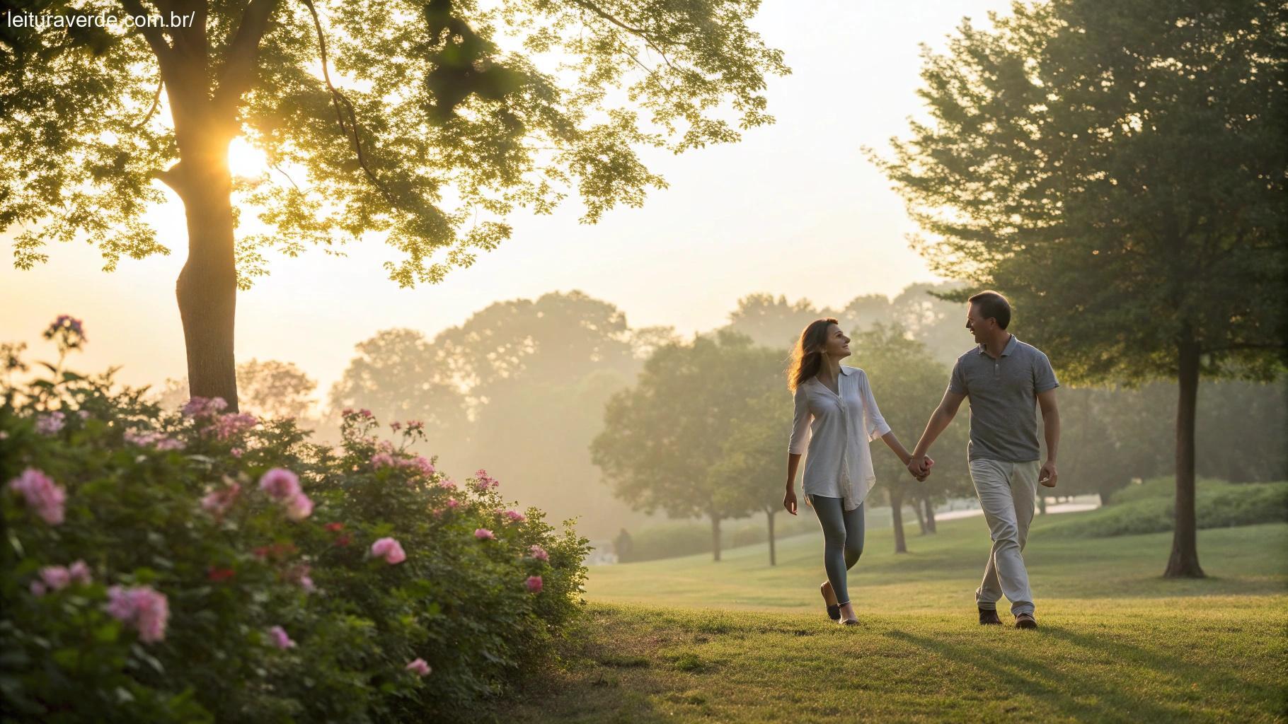 Casal caminhando de mãos dadas em um parque ao amanhecer, irradiando carinho e amor.