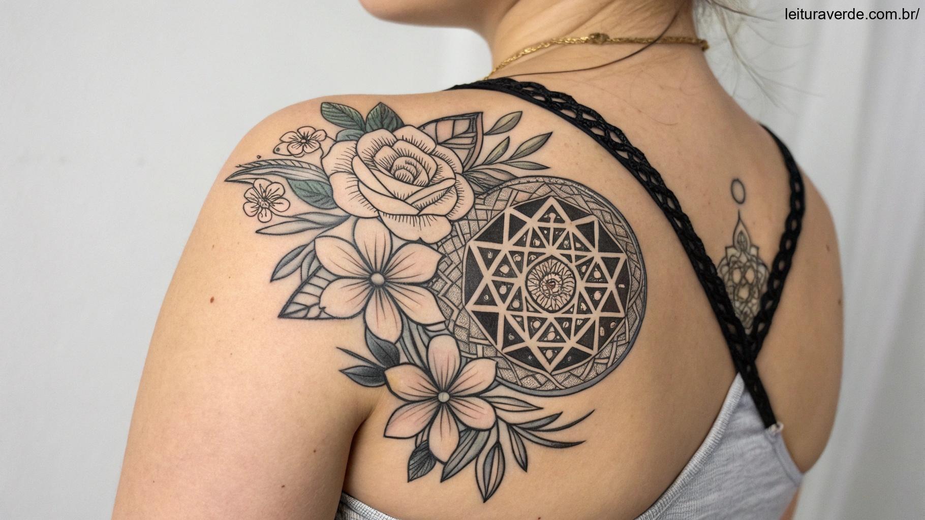 Design inspirador para uma tatuagem, misturando elementos geométricos e florais, criando uma estética ousada e elegante.