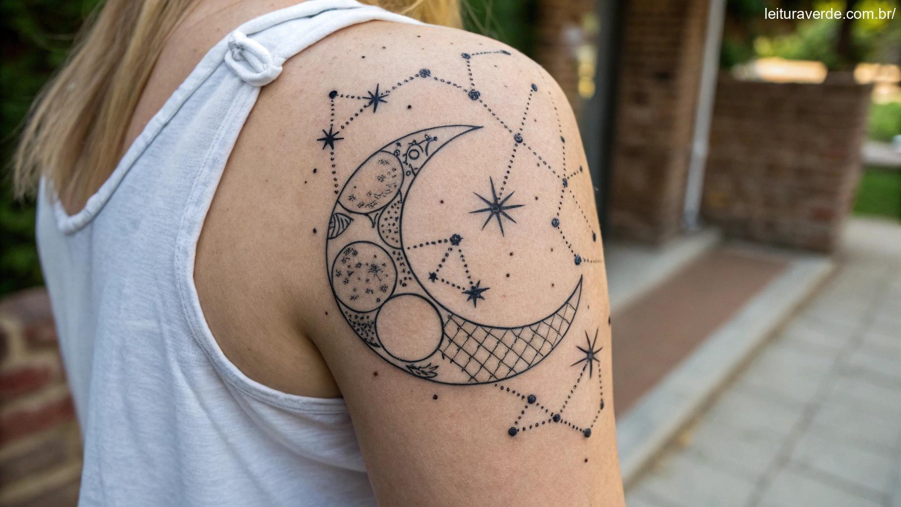 Designs criativos para tatuagens de constelações e lua crescente com linhas geométricas e orgânicas.