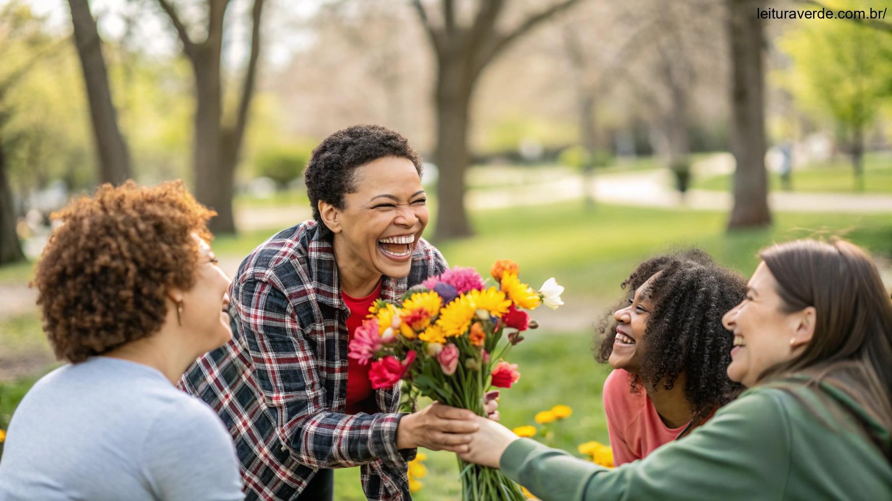 Pessoa distribuindo flores em um parque, espalhando alegria e positividade.