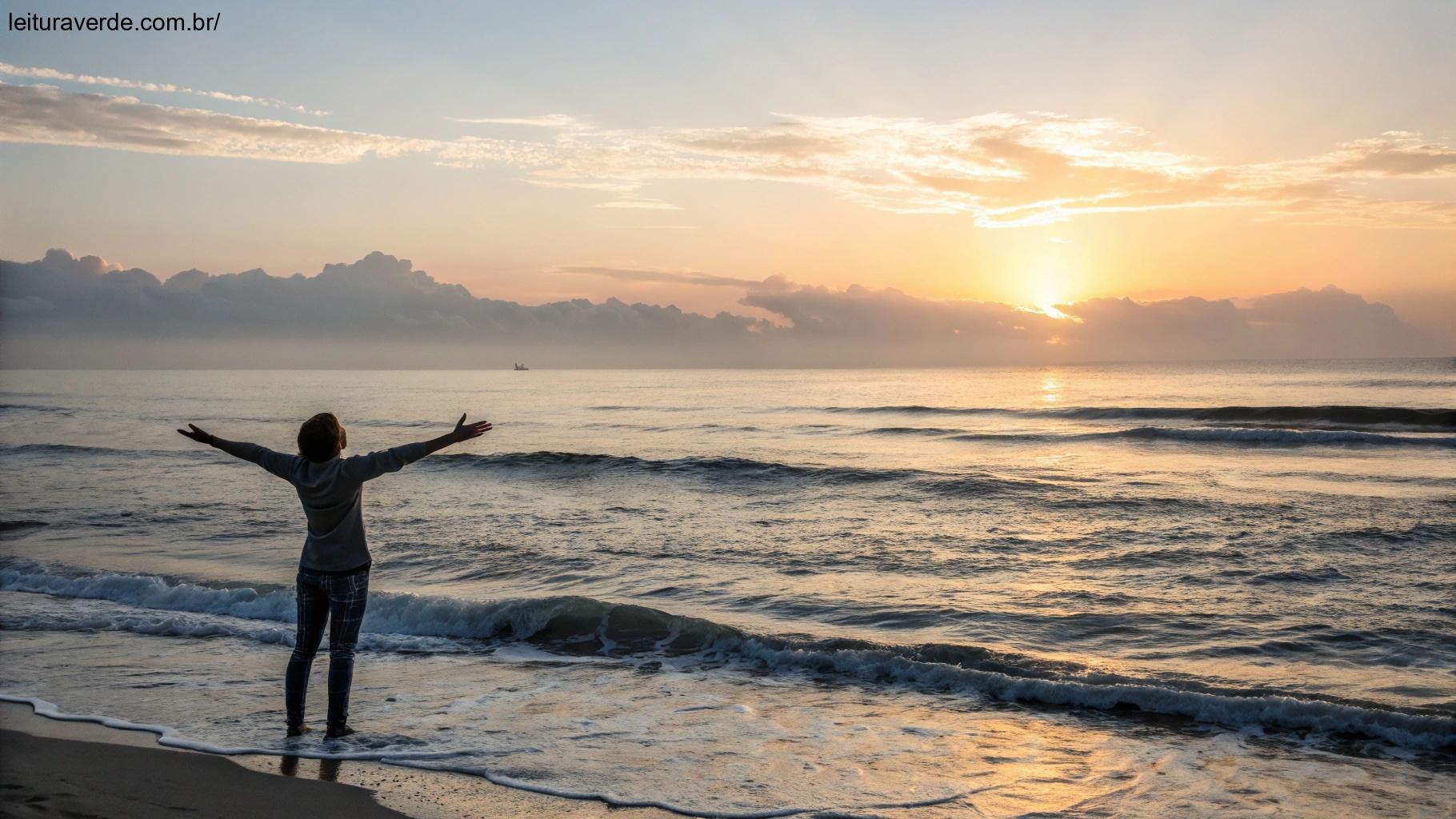 Nascer do sol sobre o oceano, com ondas suaves e uma pessoa de braços abertos na praia.