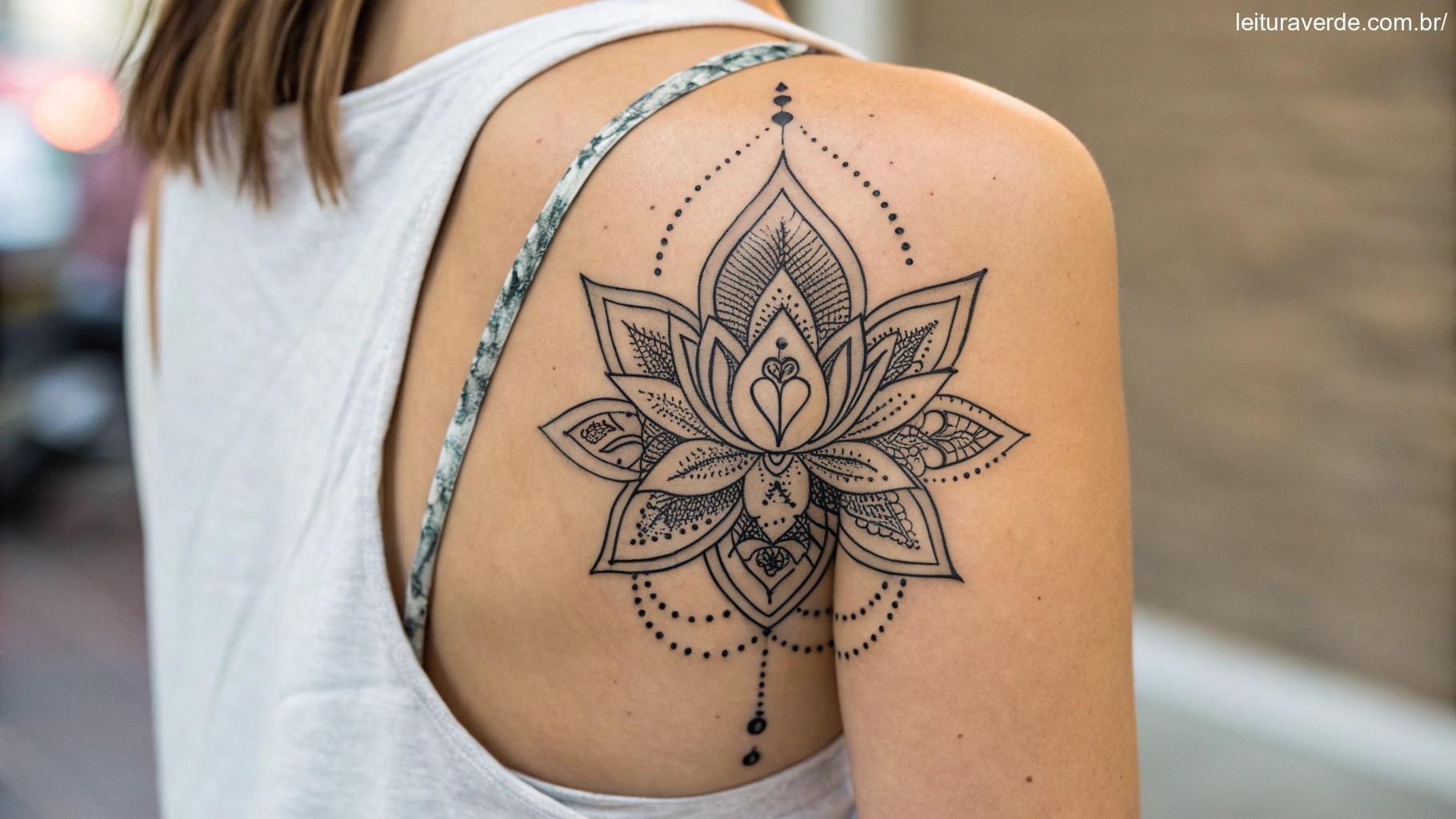 Design de tatuagem feminina de flor de lótus com padrões geométricos intrincados, simbolizando o crescimento pessoal e a iluminação espiritual.