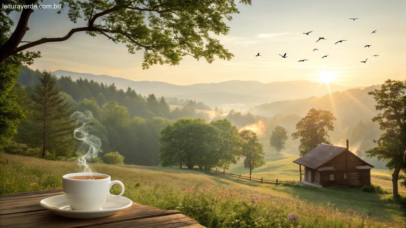 Paisagem tranquila ao amanhecer com raios dourados de sol, uma casa de madeira e um café fumegante sobre a mesa.