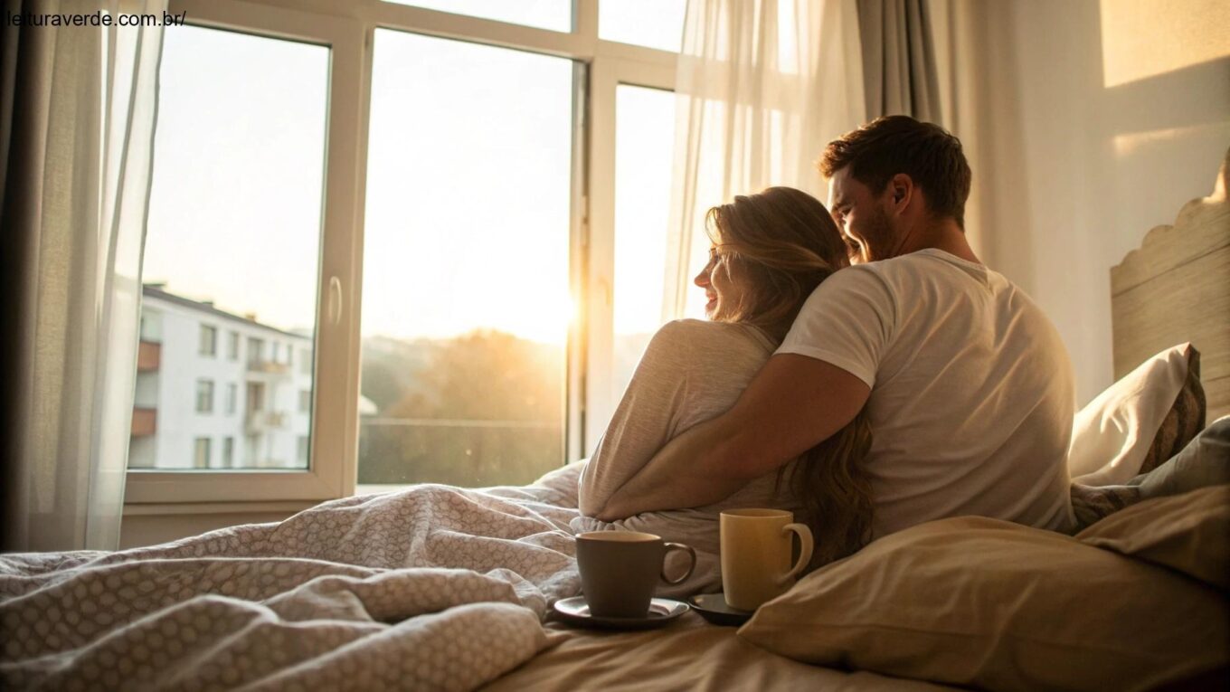 Casal abraçado em uma cama iluminada pelo sol da manhã, transmitindo amor e tranquilidade.