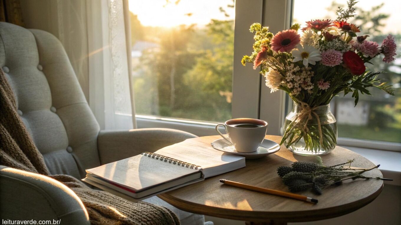 Cena tranquila de manhã com luz suave entrando pela janela, iluminando uma cadeira confortável e uma mesa com café, flores frescas e um caderno.