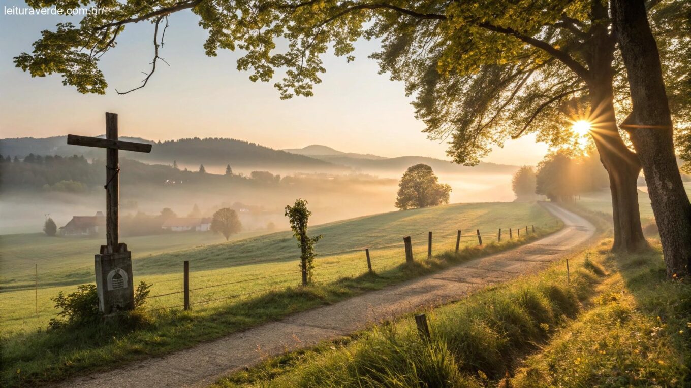 Amanhecer tranquilo sobre um campo verde com um cruz de madeira ao lado de um caminho sereno.