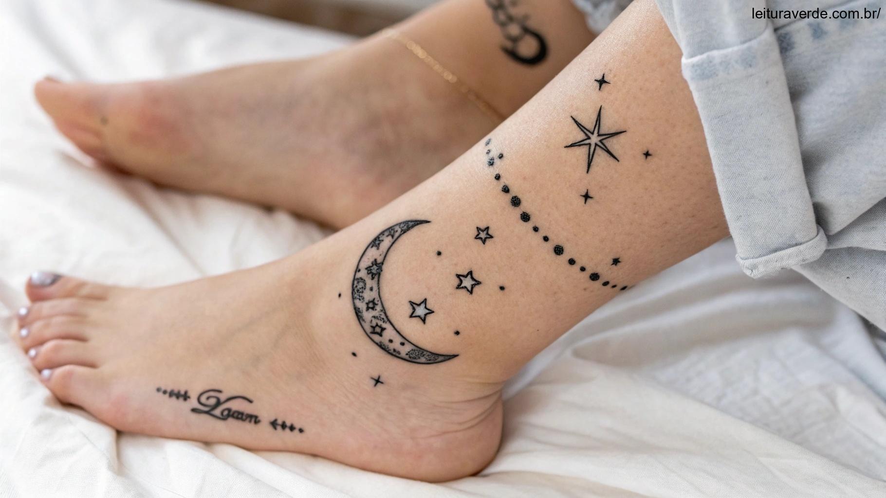 Sugestões de lugares no corpo para tatuagens de lua crescente e estrelas, como no pulso, costas ou tornozelo.