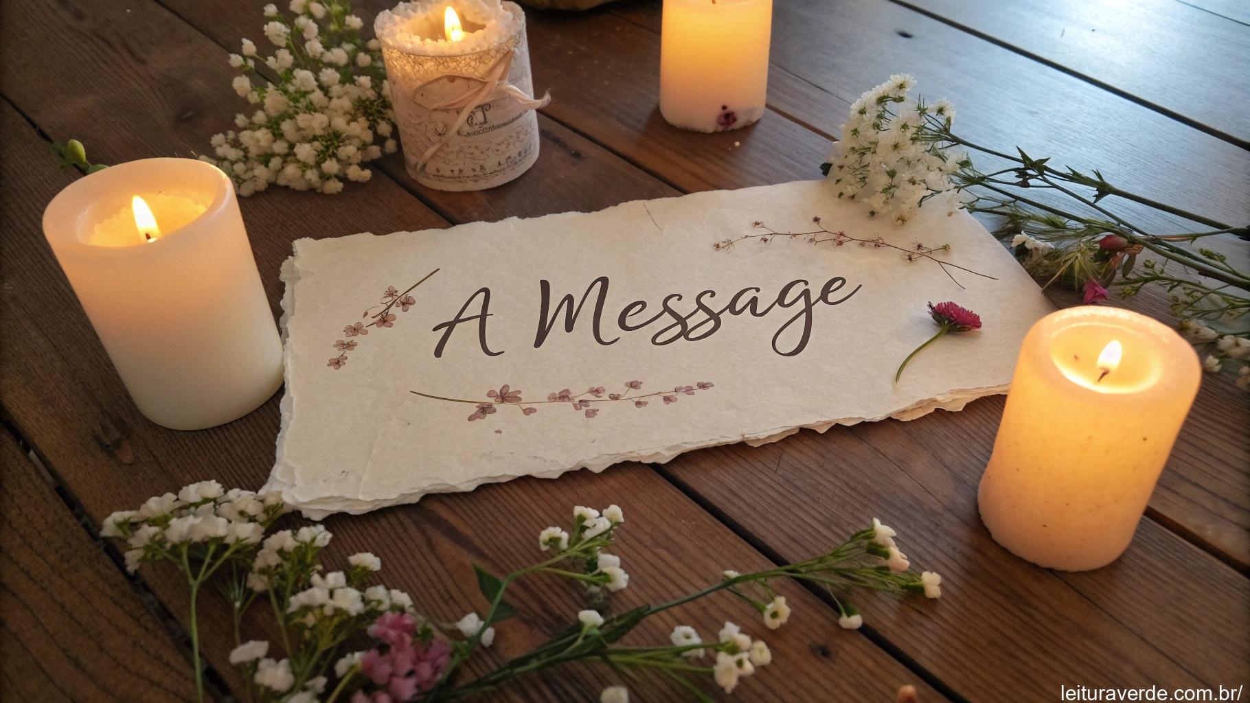 Mensagem tocante escrita em pergaminho, cercada por velas brilhantes e flores delicadas.