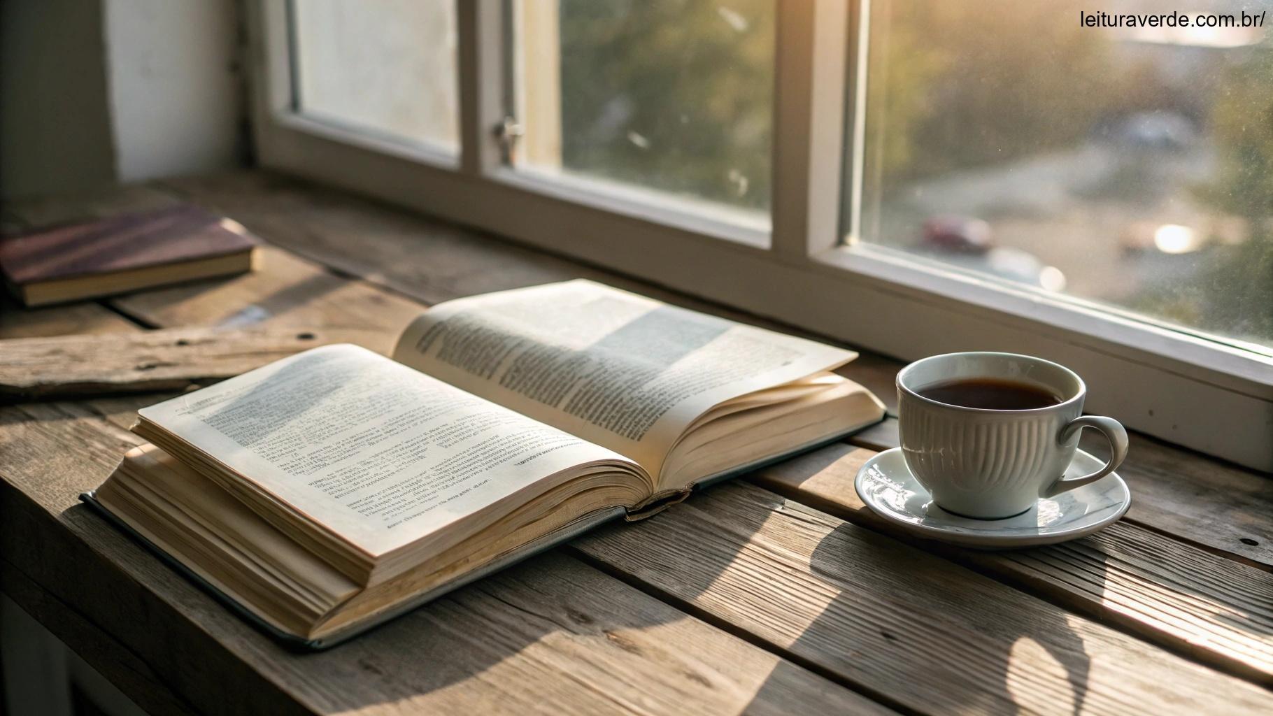 Livro aberto sobre uma mesa de madeira perto da janela, iluminado pelo sol da manhã.