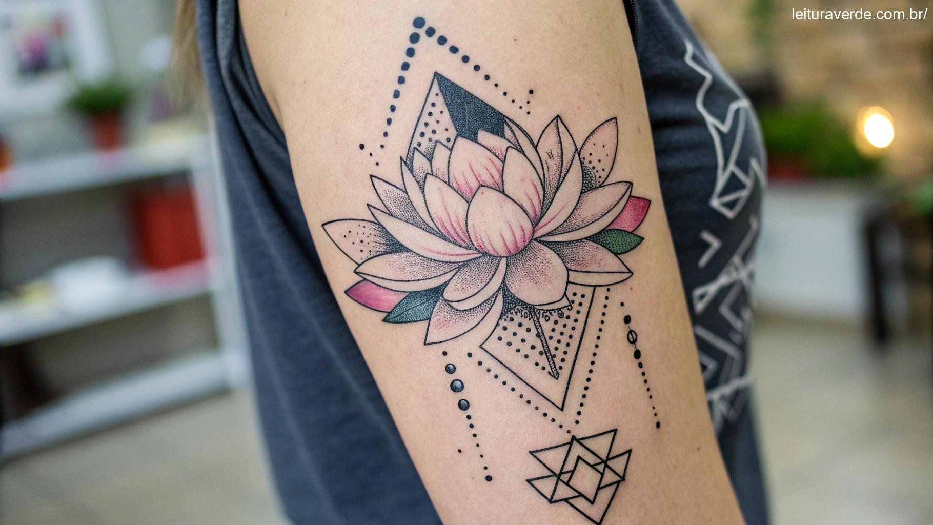 Tatuagem de flor de lótus simbolizando pureza, rodeada por formas geométricas abstratas que adicionam profundidade e modernidade ao design.