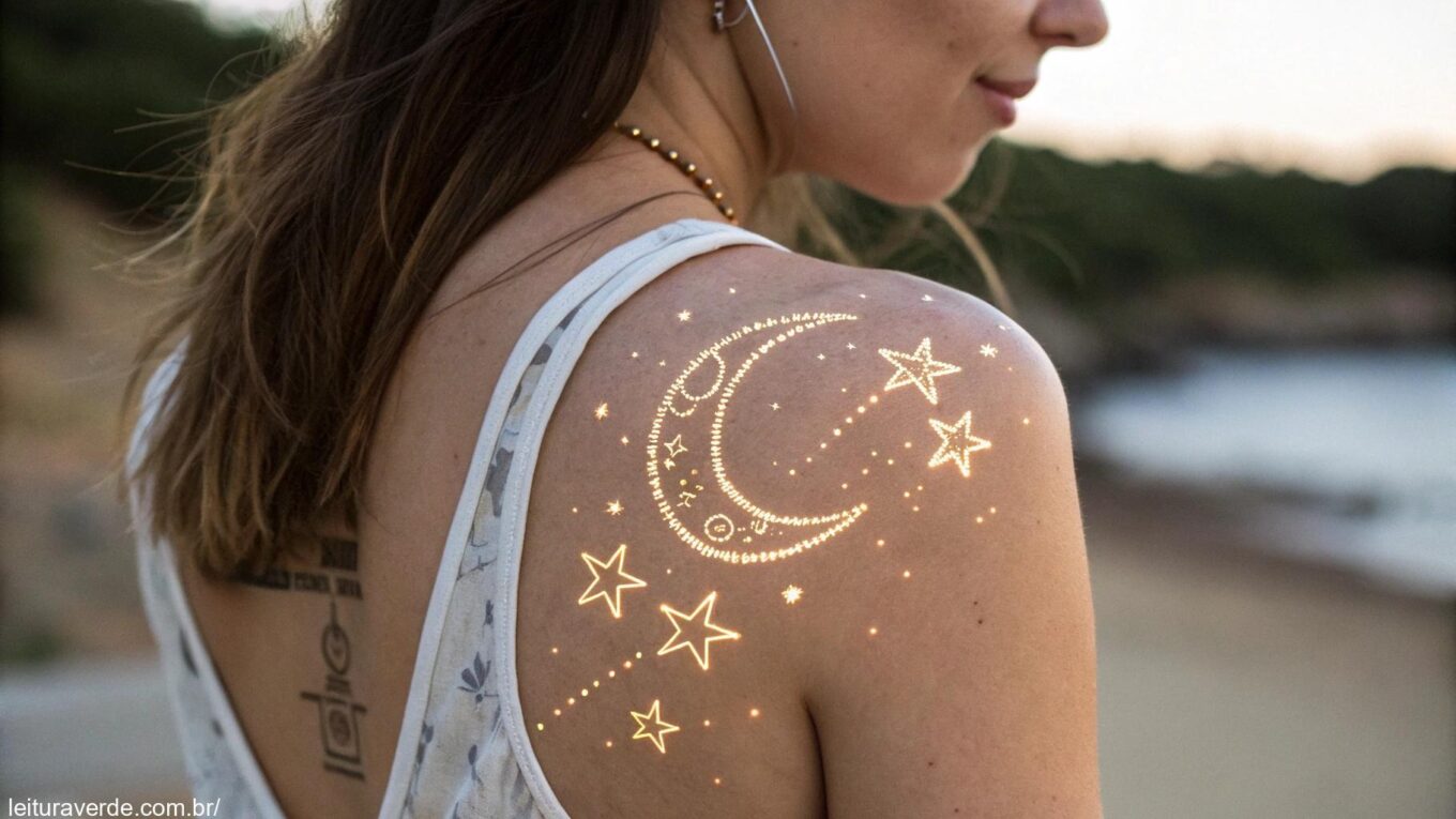 Tatuagem feminina com constelação de estrelas e lua crescente, transmitindo mistério e sonho.