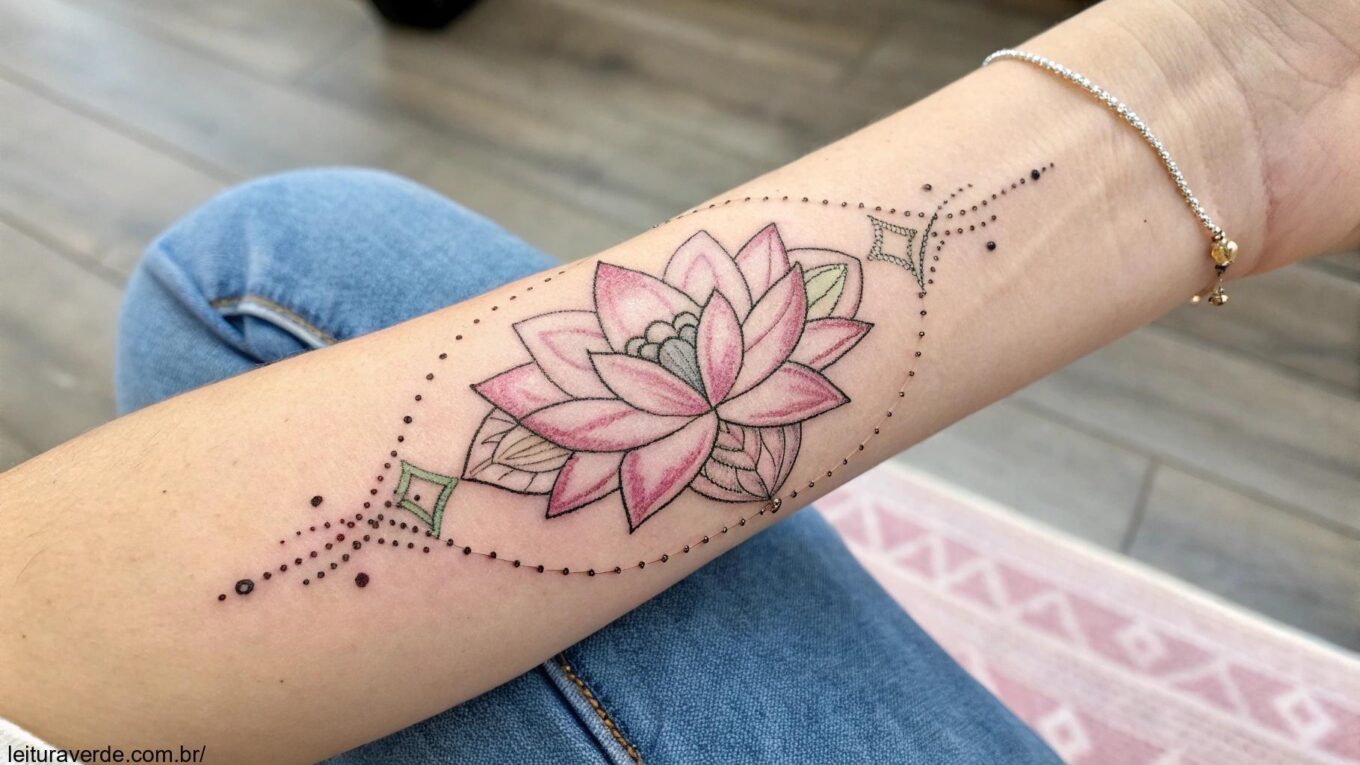 Tatuagem feminina delicada de flor de lótus com elementos geométricos, criando uma sensação de harmonia e equilíbrio.