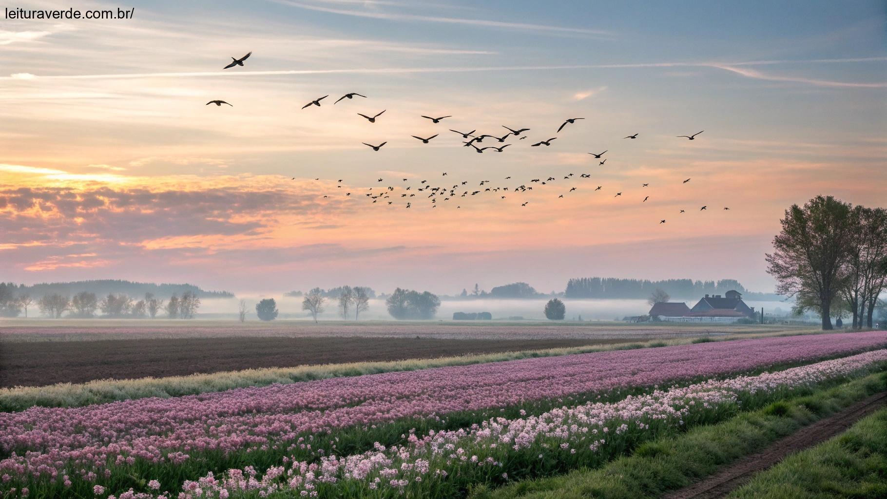 Paisagem campestre ao amanhecer, com pássaros sobrevoando um campo florido e céu sereno.